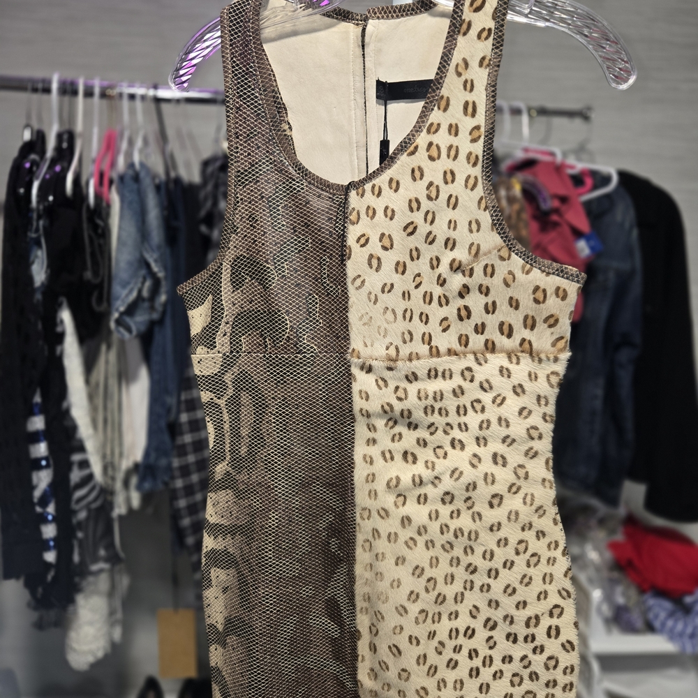 Sleeveless Two-Tone Animal Print Dress - Beige & Brown